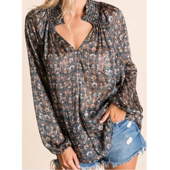Ces Femme Tops - Ces Femme Floral Sheer Smocked Neck Oversized Top Small